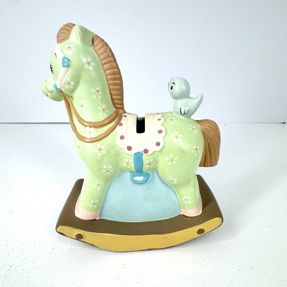 Enesco Handpainted Rocking Horse & Bird Coin Bank Nursery VTG 1982